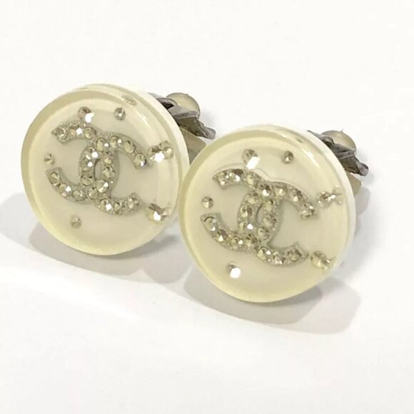 CHANEL CC Logos White Lucite Round Clip-On Earrings Silver Tone 07A Auth j11512 - Picture 6 of 16